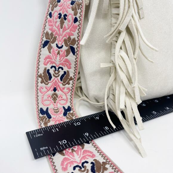 Ahdorned Cream Faux Suede Fringe Crossbody Bag with Pink Brown Wide Boho Strap - Picture 10 of 11